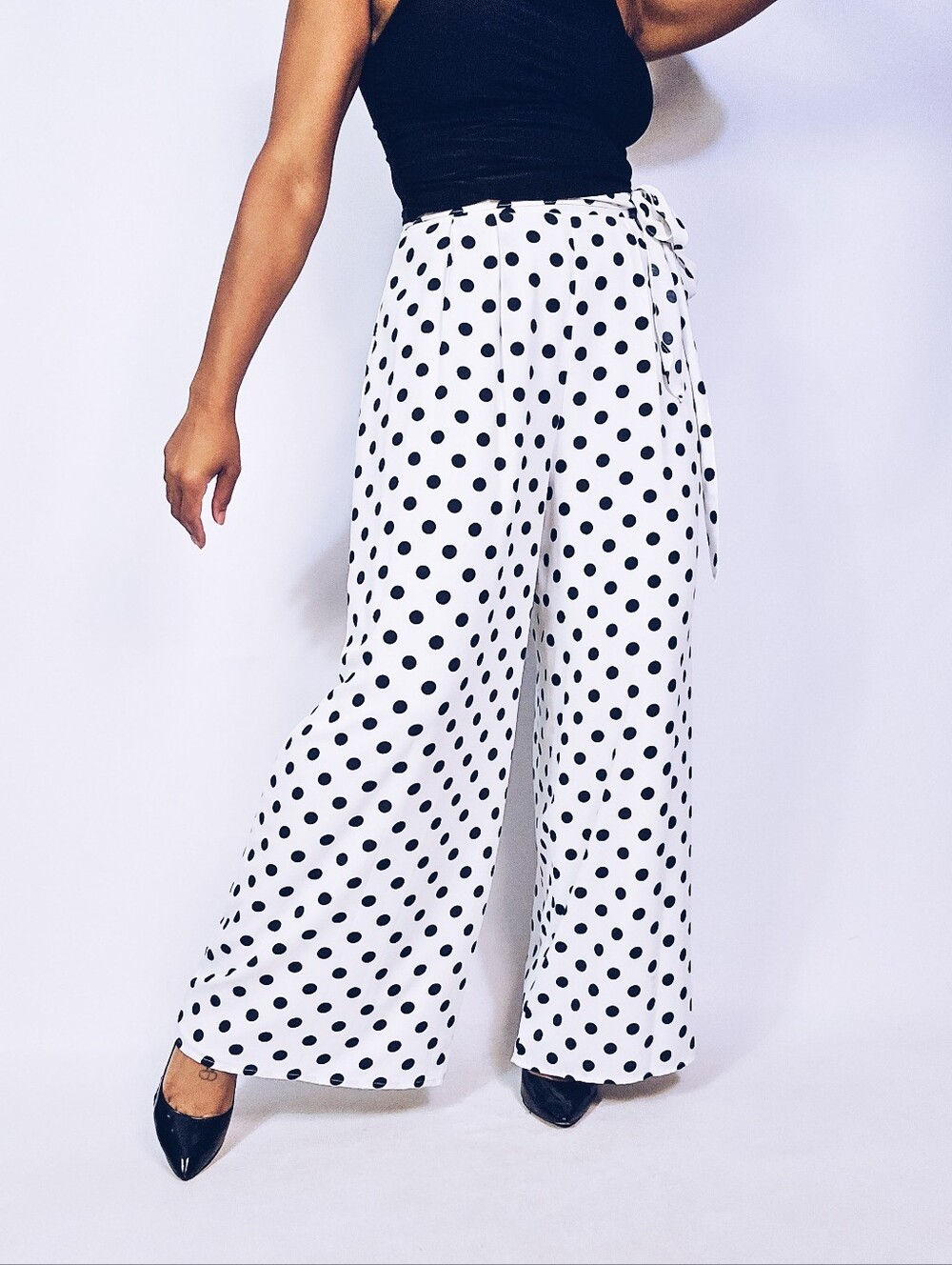 Sugarlips White Wide-Leg Polka Dot Pants with Black Dots